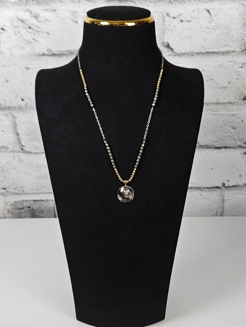 Two Tone Faceted Bead Rhinestone Disc Pendant Necklace